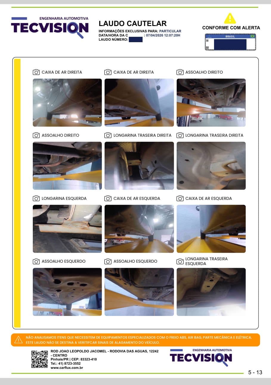 Página de laudo cautelar real mostrando fotos da estrutura inferior: longarinas, assoalho e caixas de ar