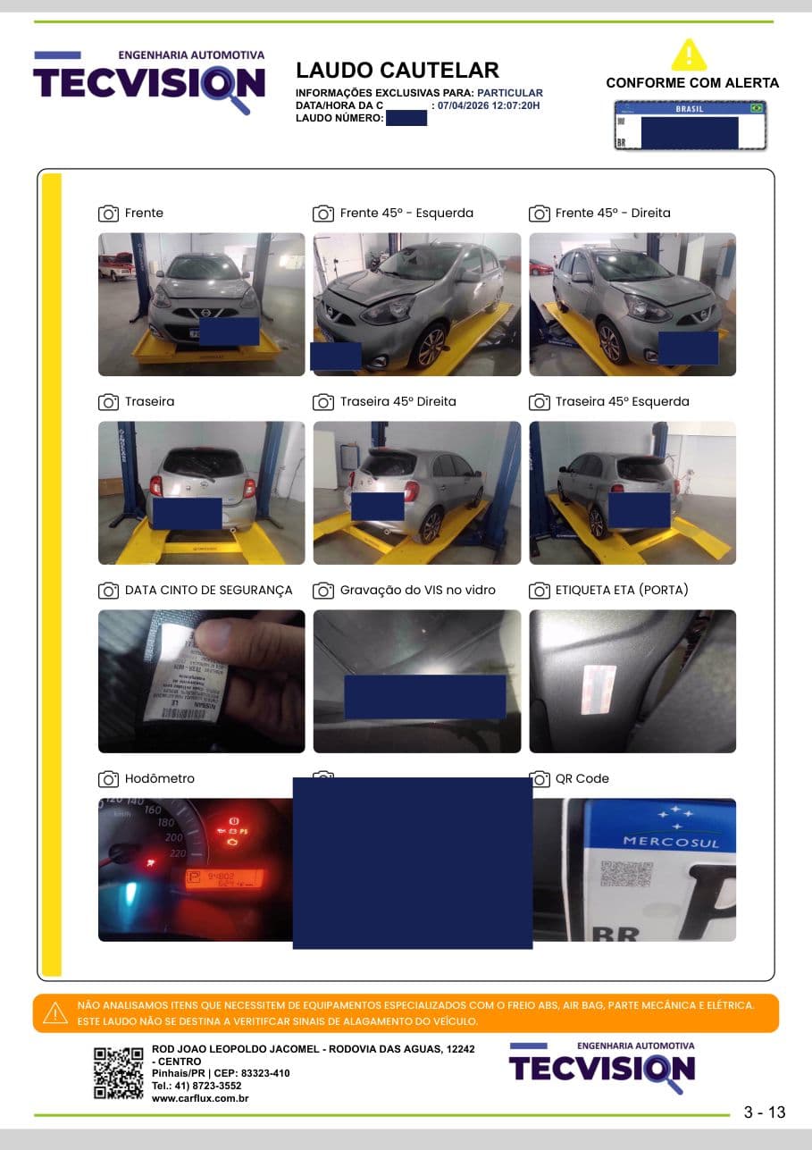 Página de laudo cautelar real da Tecvision com registro fotográfico completo do veículo (dados ocultados)