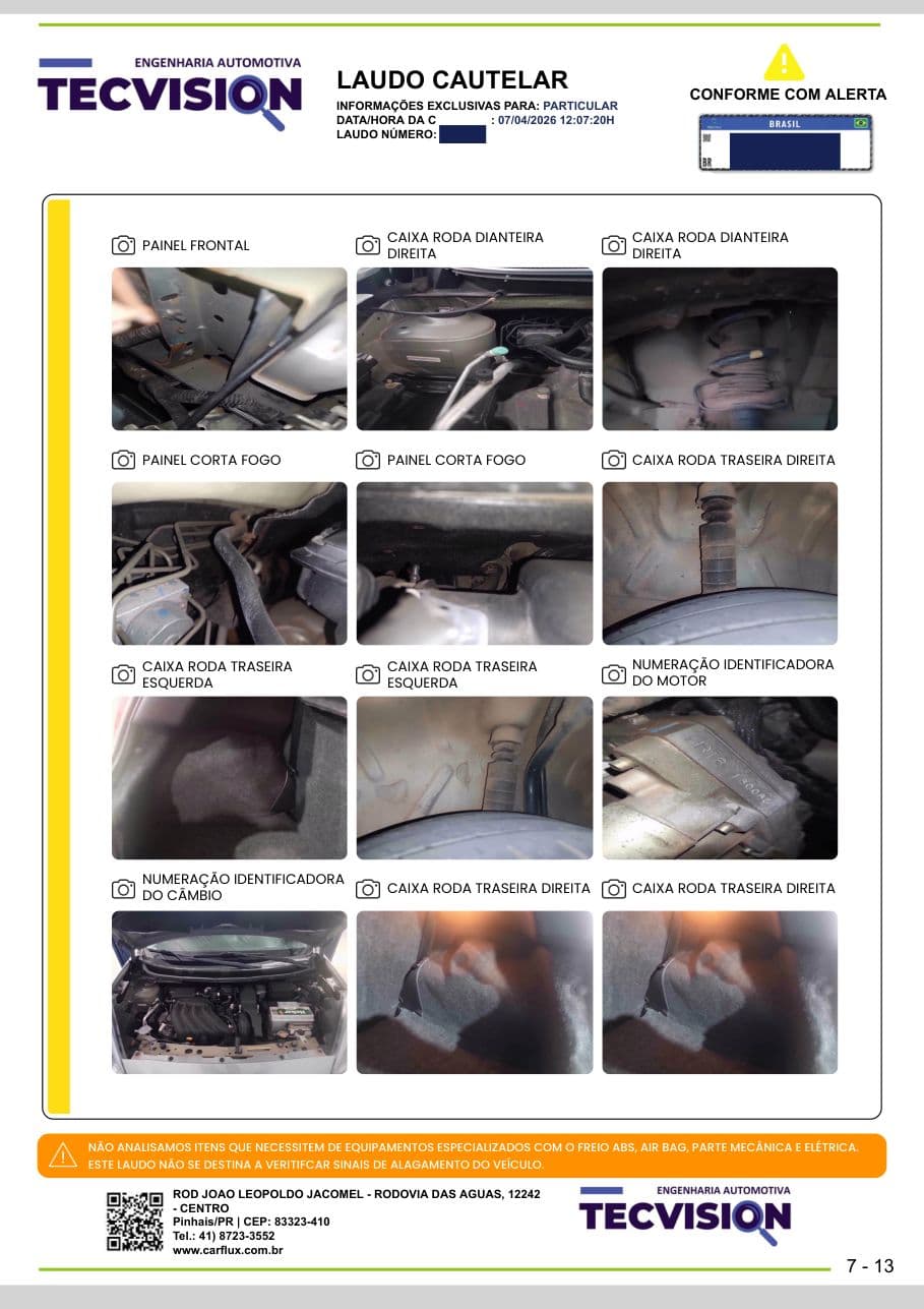 Página de laudo cautelar real mostrando painel corta-fogo, caixas de roda e numeração de motor e câmbio